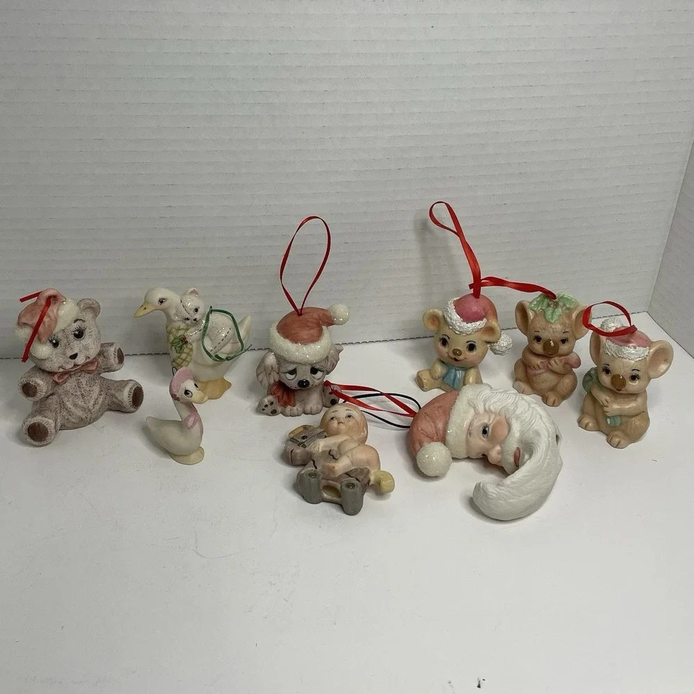 Porcelain Christmas Ornament Santa  Moon Animals Set 9 Vintage Hand Painted 2.5